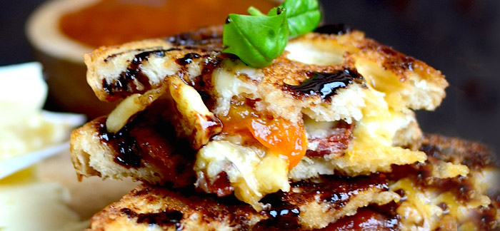Bacon, Brie, and Apricot Grilled Cheese with Balsamic Reduction