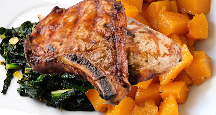 Roasted Pork Chops and Butternut Squash with Kale