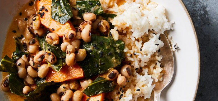 Sweet Potato-Coconut Curry with Black-Eyed Peas & Collard Greens